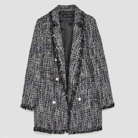 Zara Woman Tweed Pearl Button Trench Fringe Jacket/Blazer - Picture 2 of 4